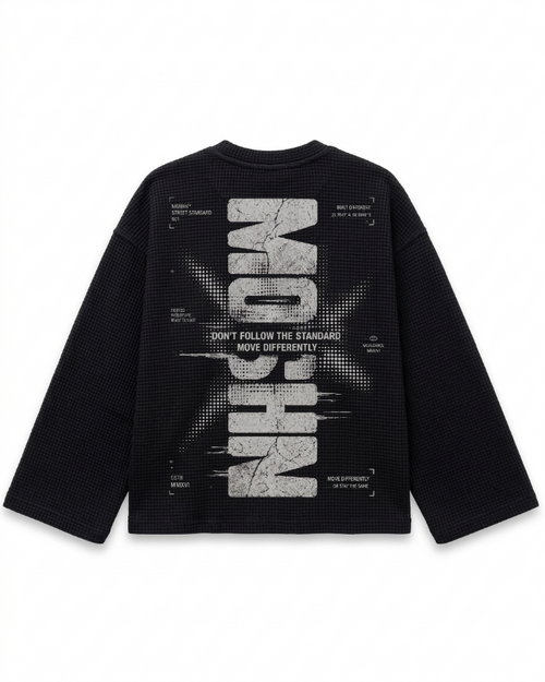 A black long-sleeve waffle-knit sweatshirt shown from the back, featuring a large white graphic print with the word 'MOSH' and smaller technical-style text on a white background.