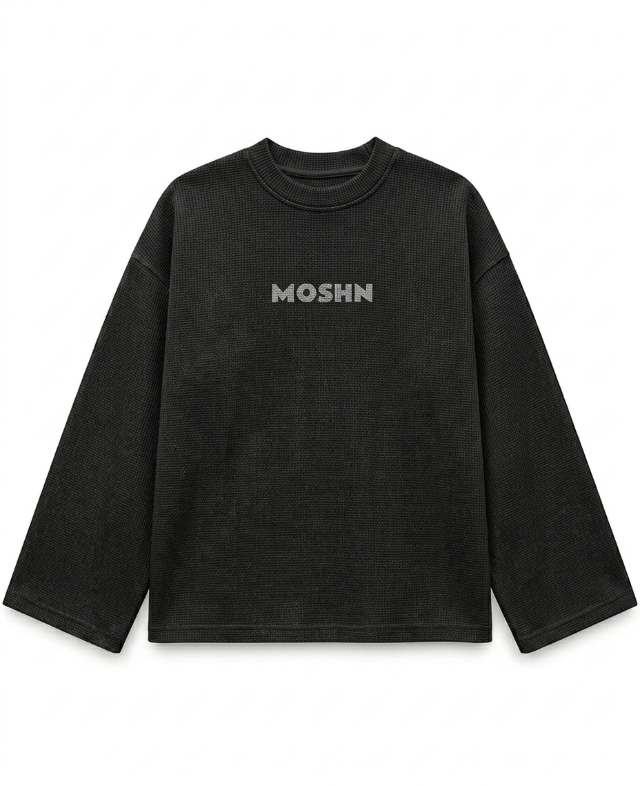 A black long-sleeve crewneck sweatshirt with a textured waffle knit pattern and the brand name 'MOSHN' printed in gray across the chest, displayed on a clean white background.