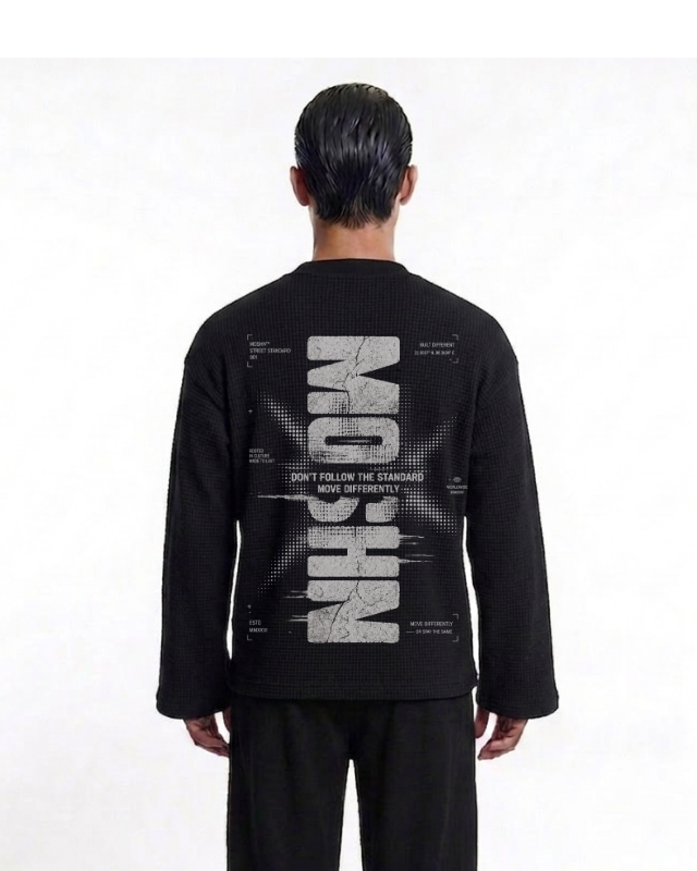 A man viewed from behind wearing a black long-sleeve knit sweater with a large white graphic print on the back. The print features the word 'MOSCHINO' vertically in a distressed stencil font with technical drawing elements and the text 'DON'T FOLLOW THE STANDARDS' and 'HOW DIFFERENTLY?' around it.