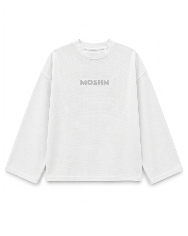 A white long-sleeve crewneck sweatshirt with the brand name 'MOSHN' printed in gray across the chest, displayed on a clean white background.