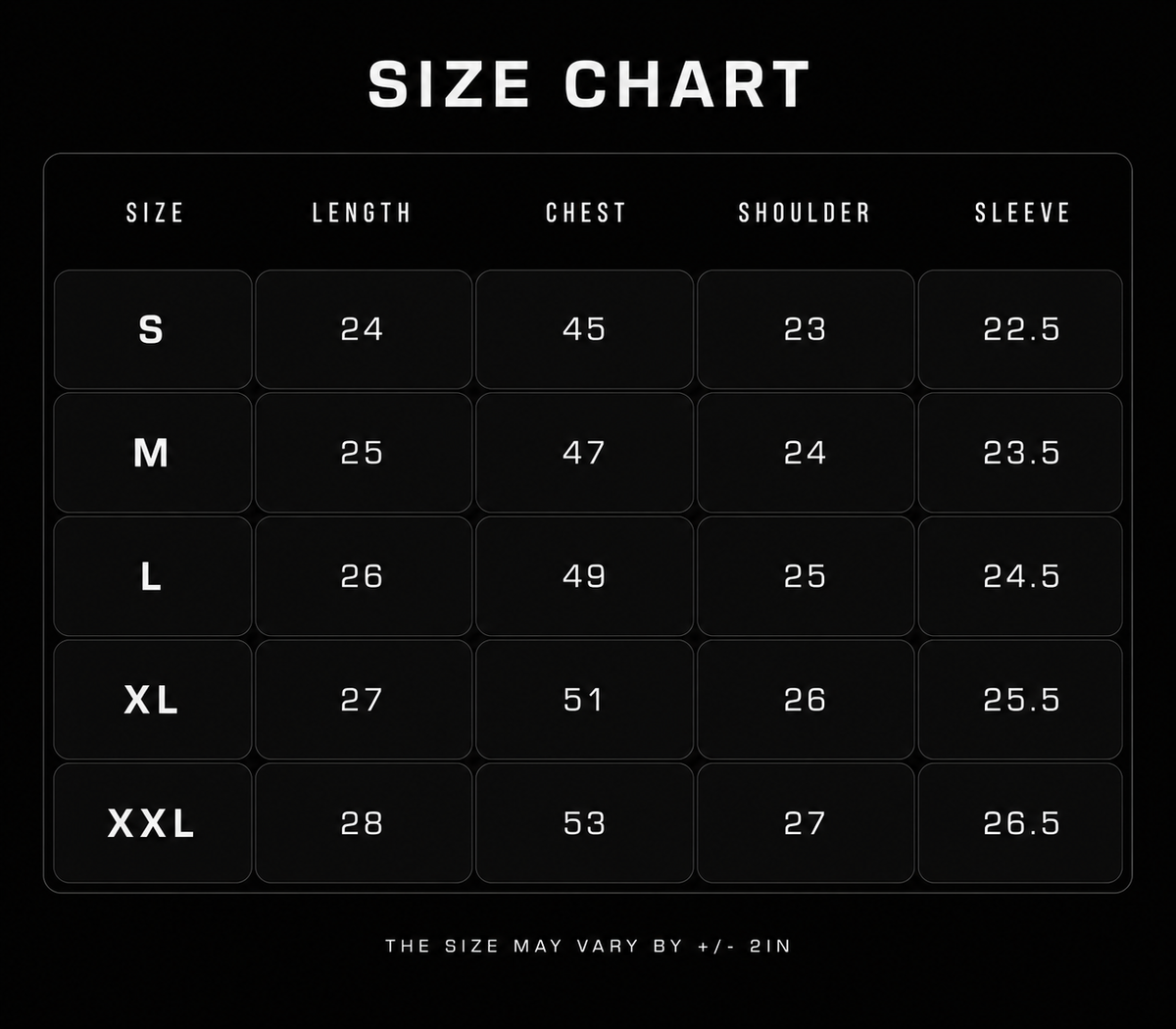 MOSHN Size Chart